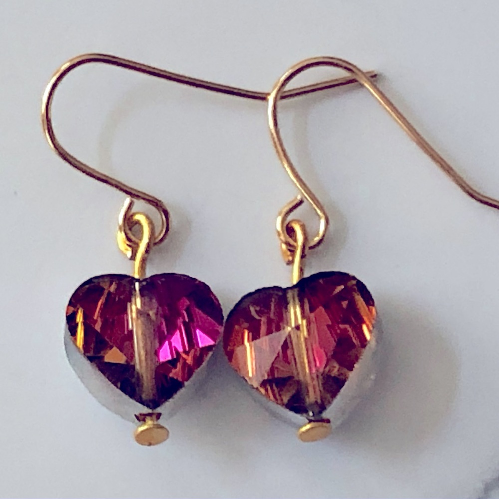 New Sparkling Glass Crystal Dangling Drop Heart Earrings Handmade Rose Magenta